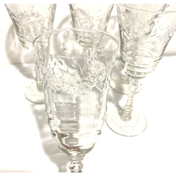 Libbey Rock Sharpe ARCTIC ROSE Goblets Water Glasses Set of 5 Clear etch crystal - Picture 6 of 12